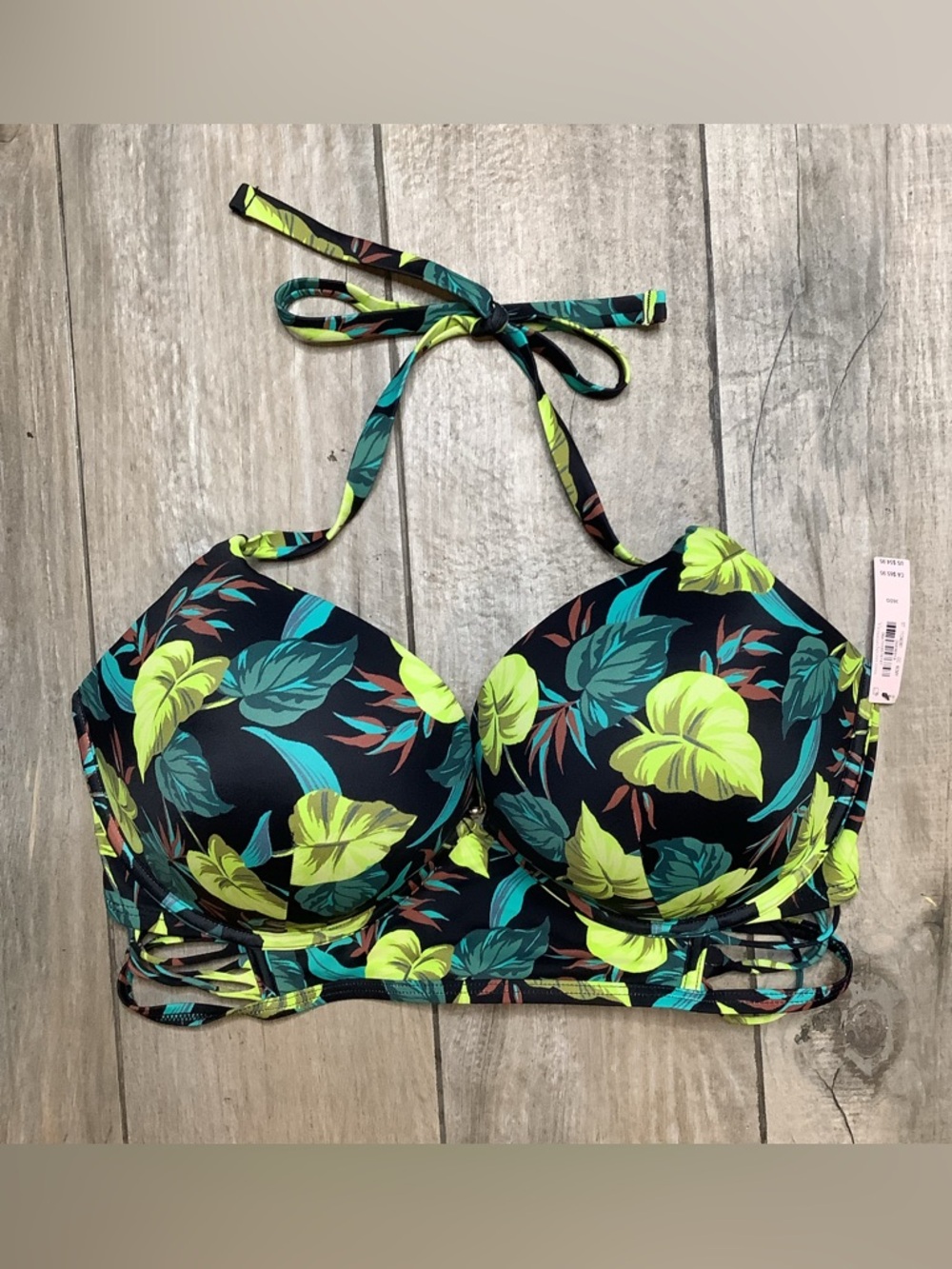 Victoria’s Secret BombshellTropical Leaf Halter Bikini Top - Black & Neon Green